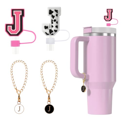 Tapa de silicona para pajita Fmeida para taza Stanley de 30 oz y 40 pajitas con letras iniciales de 10 mm y accesorios con dijes de letras, paquete de 4