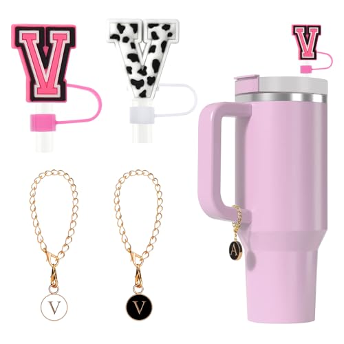 Tapa de silicona para pajita Fmeida para taza Stanley de 30 oz y 40 pajitas con letras iniciales de 10 mm y accesorios con dijes de letras, paquete de 4