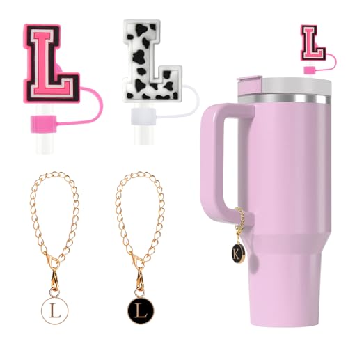 Tapa de silicona para pajita Fmeida para taza Stanley de 30 oz y 40 pajitas con letras iniciales de 10 mm y accesorios con dijes de letras, paquete de 4