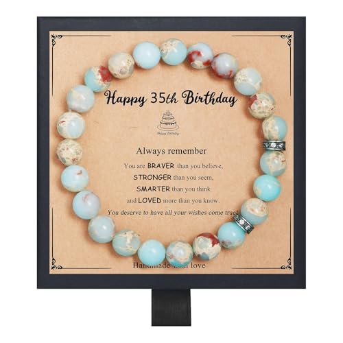 Regalos de cumpleaños de Fmeida para mujeres: pulseras elásticas de piedra natural para aniversarios de jubilación de 30, 35, 40, 45, 50, 60, 65, 70 y 80 años