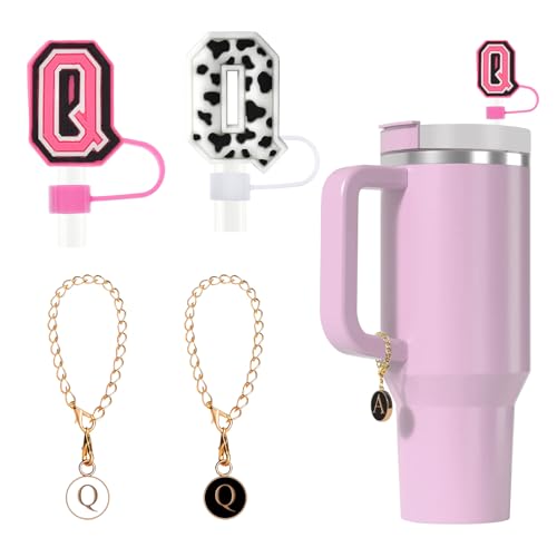 Tapa de silicona para pajita Fmeida para taza Stanley de 30 oz y 40 pajitas con letras iniciales de 10 mm y accesorios con dijes de letras, paquete de 4