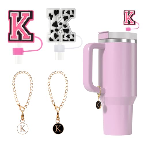 Tapa de silicona para pajita Fmeida para taza Stanley de 30 oz y 40 pajitas con letras iniciales de 10 mm y accesorios con dijes de letras, paquete de 4