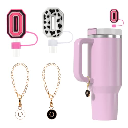 Tapa de silicona para pajita Fmeida para taza Stanley de 30 oz y 40 pajitas con letras iniciales de 10 mm y accesorios con dijes de letras, paquete de 4