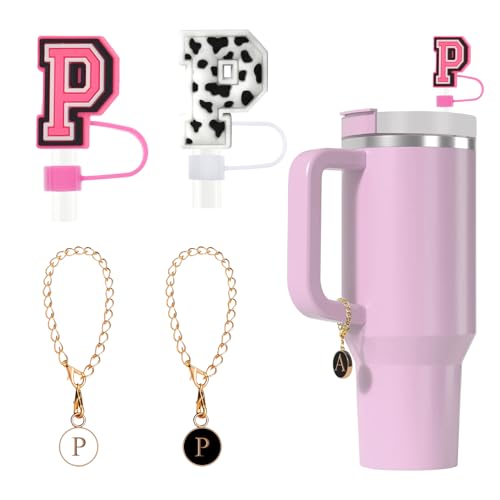 Tapa de silicona para pajita Fmeida para taza Stanley de 30 oz y 40 pajitas con letras iniciales de 10 mm y accesorios con dijes de letras, paquete de 4