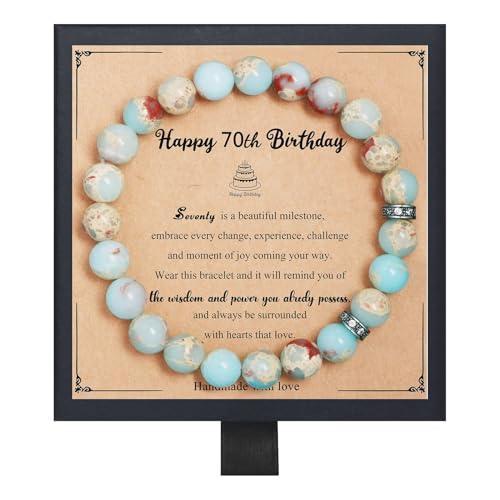Regalos de cumpleaños de Fmeida para mujeres: pulseras elásticas de piedra natural para aniversarios de jubilación de 30, 35, 40, 45, 50, 60, 65, 70 y 80 años