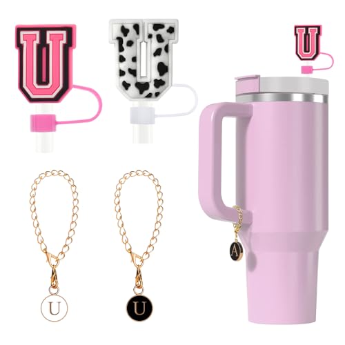 Tapa de silicona para pajita Fmeida para taza Stanley de 30 oz y 40 pajitas con letras iniciales de 10 mm y accesorios con dijes de letras, paquete de 4