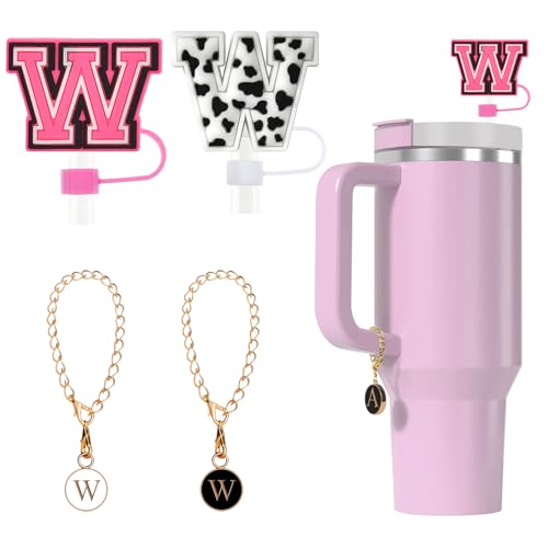 Tapa de silicona para pajita Fmeida para taza Stanley de 30 oz y 40 pajitas con letras iniciales de 10 mm y accesorios con dijes de letras, paquete de 4