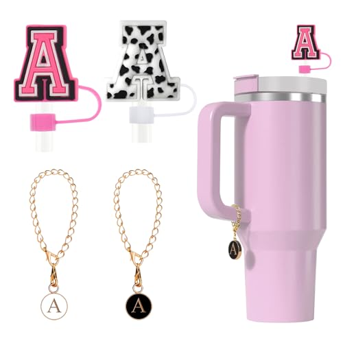 Tapa de silicona para pajita Fmeida para taza Stanley de 30 oz y 40 pajitas con letras iniciales de 10 mm y accesorios con dijes de letras, paquete de 4