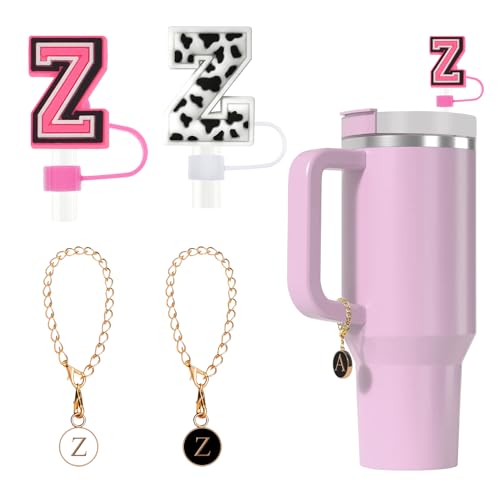 Tapa de silicona para pajita Fmeida para taza Stanley de 30 oz y 40 pajitas con letras iniciales de 10 mm y accesorios con dijes de letras, paquete de 4