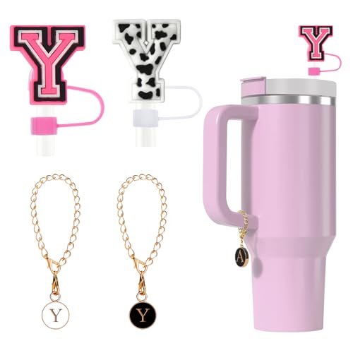 Tapa de silicona para pajita Fmeida para taza Stanley de 30 oz y 40 pajitas con letras iniciales de 10 mm y accesorios con dijes de letras, paquete de 4