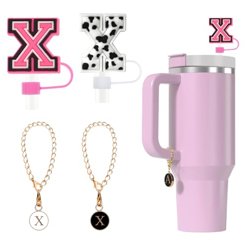 Tapa de silicona para pajita Fmeida para taza Stanley de 30 oz y 40 pajitas con letras iniciales de 10 mm y accesorios con dijes de letras, paquete de 4