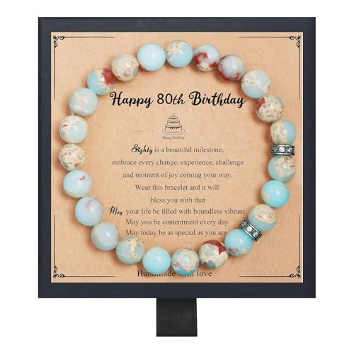 Regalos de cumpleaños de Fmeida para mujeres: pulseras elásticas de piedra natural para aniversarios de jubilación de 30, 35, 40, 45, 50, 60, 65, 70 y 80 años