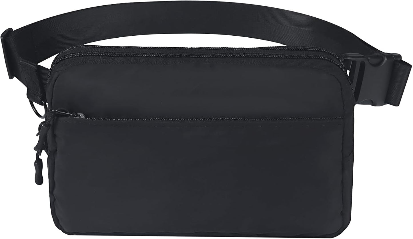 FMEIDA Sac banane pour femme - Bandoulière - 4 poches zippées - Sangle réglable - Sac banane tendance - Résistant à l'eau - Pochette banane pour voyage, randonnée, course à pied, cyclisme, entraînement - Noir