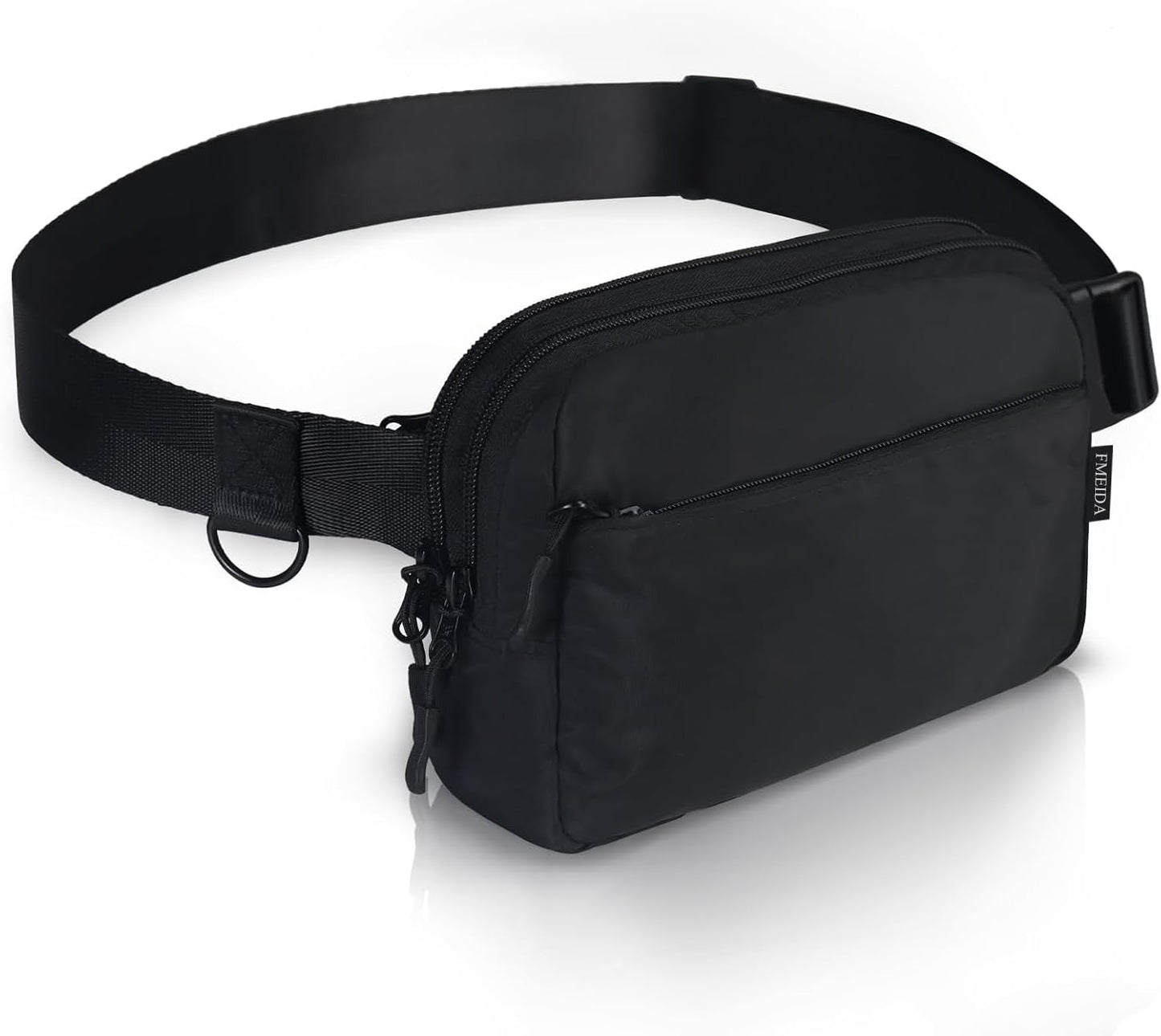 FMEIDA Sac banane pour femme - Bandoulière - 4 poches zippées - Sangle réglable - Sac banane tendance - Résistant à l'eau - Pochette banane pour voyage, randonnée, course à pied, cyclisme, entraînement - Noir