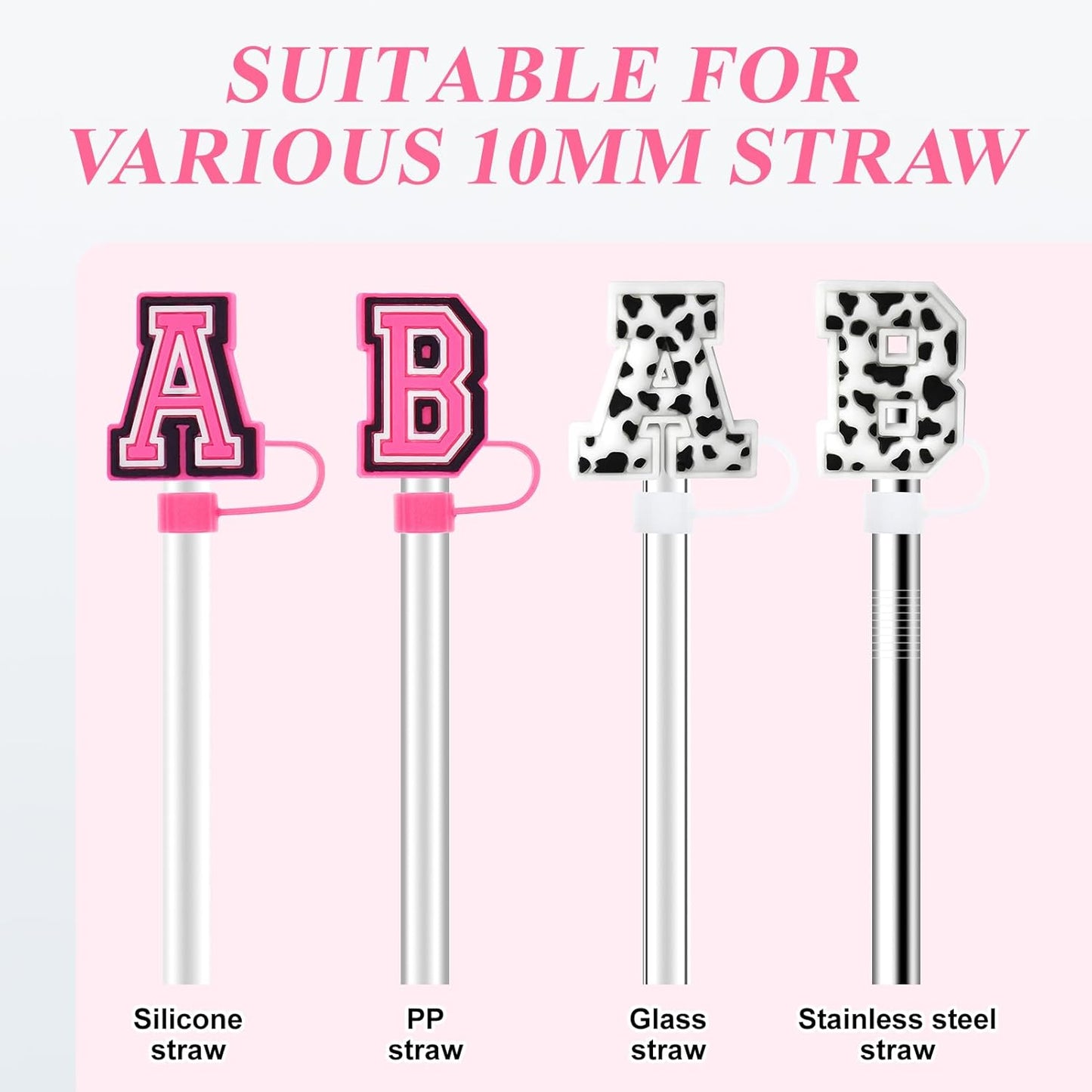 Tapa de silicona para pajita Fmeida para taza Stanley de 30 oz y 40 pajitas con letras iniciales de 10 mm y accesorios con dijes de letras, paquete de 4
