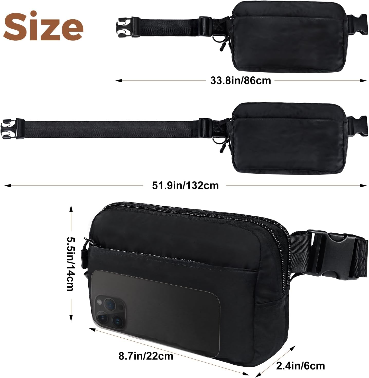 FMEIDA Sac banane pour femme - Bandoulière - 4 poches zippées - Sangle réglable - Sac banane tendance - Résistant à l'eau - Pochette banane pour voyage, randonnée, course à pied, cyclisme, entraînement - Noir