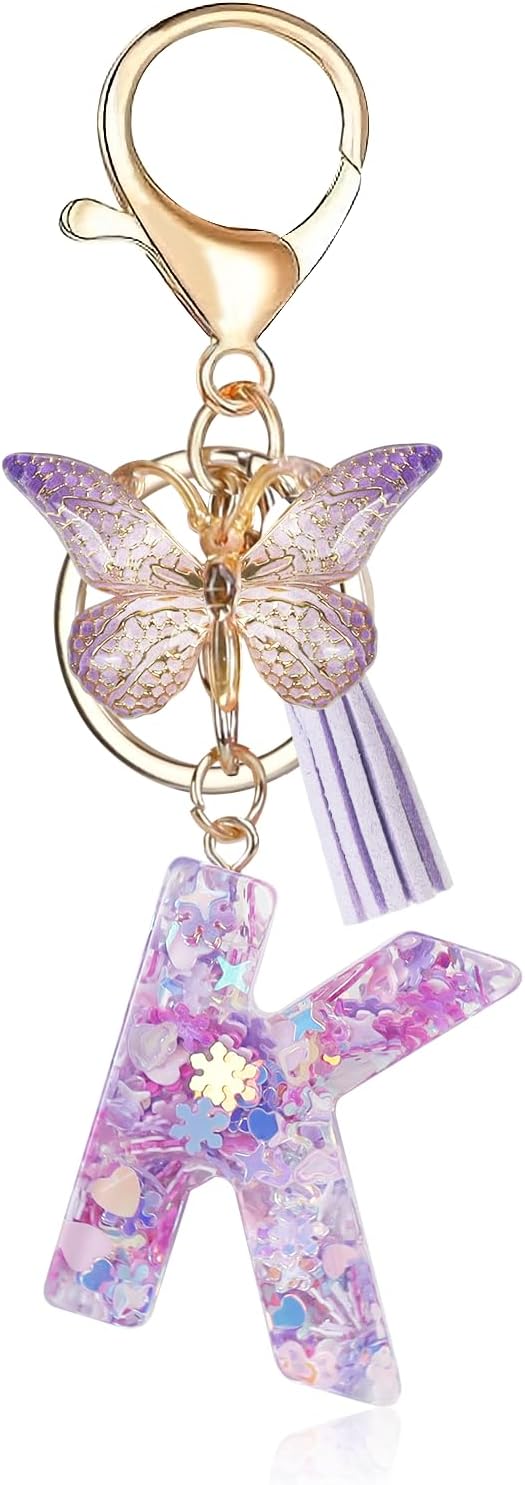 Porte-clés avec lettre initiale Fmeida pour femme, joli porte-clés violet avec pompon et papillon