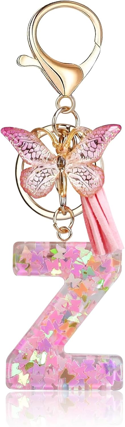 Fmeida Initial Letter Keychains for Women Cute Pink Keychain with Tassel& Butterfly