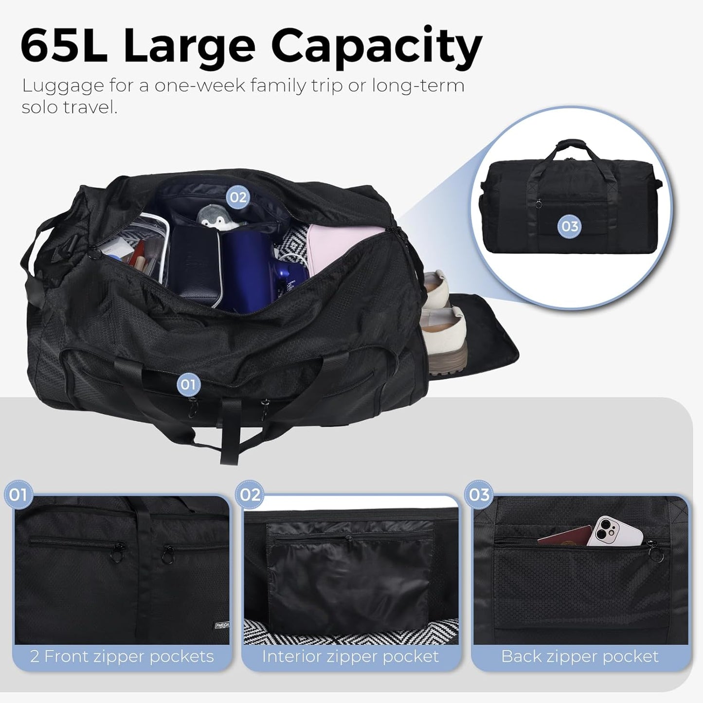 Fmeida 65L Duffle Bag with Shoes Compartment, Foldable Travel Duffel Bags for Men Women, Large Packable Travel Bag Water Repellent & Tear Resistant