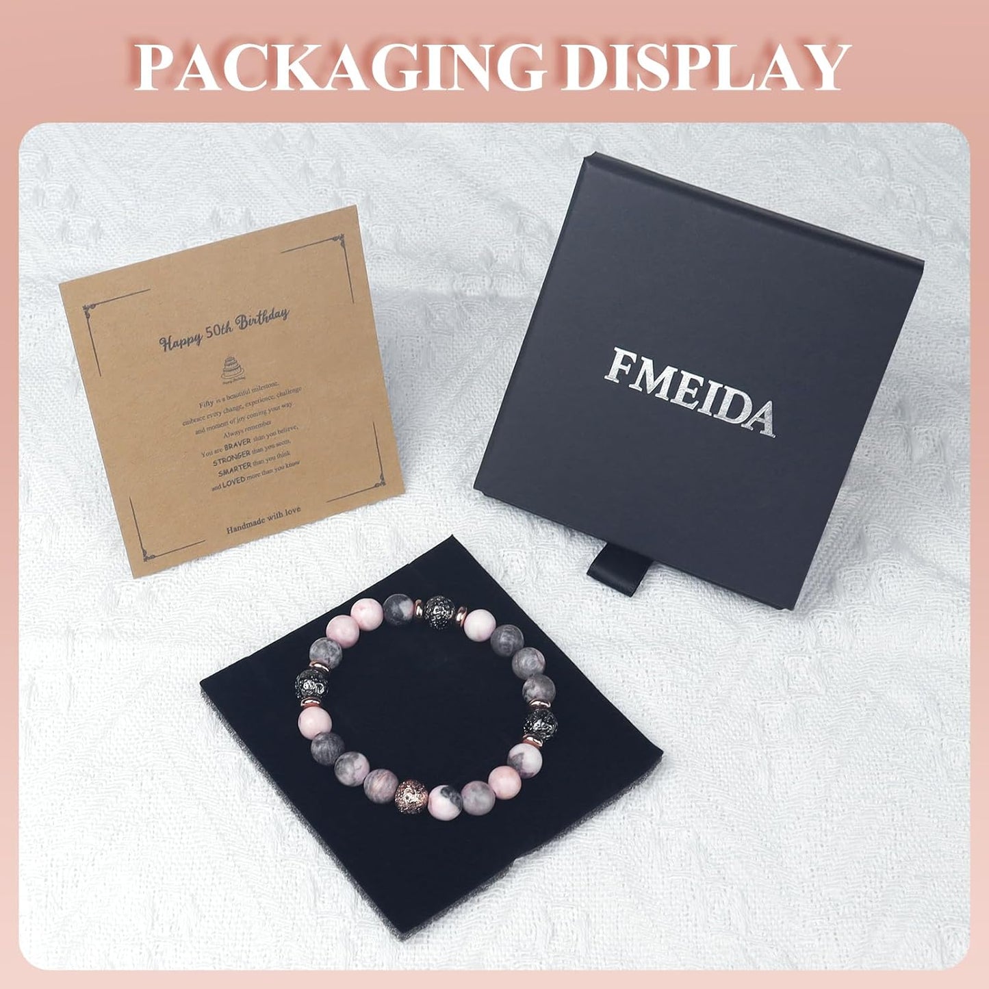 Regalos de cumpleaños de Fmeida para mujeres: pulseras elásticas de piedra natural para aniversarios de jubilación de 30, 35, 40, 45, 50, 60, 65, 70 y 80 años
