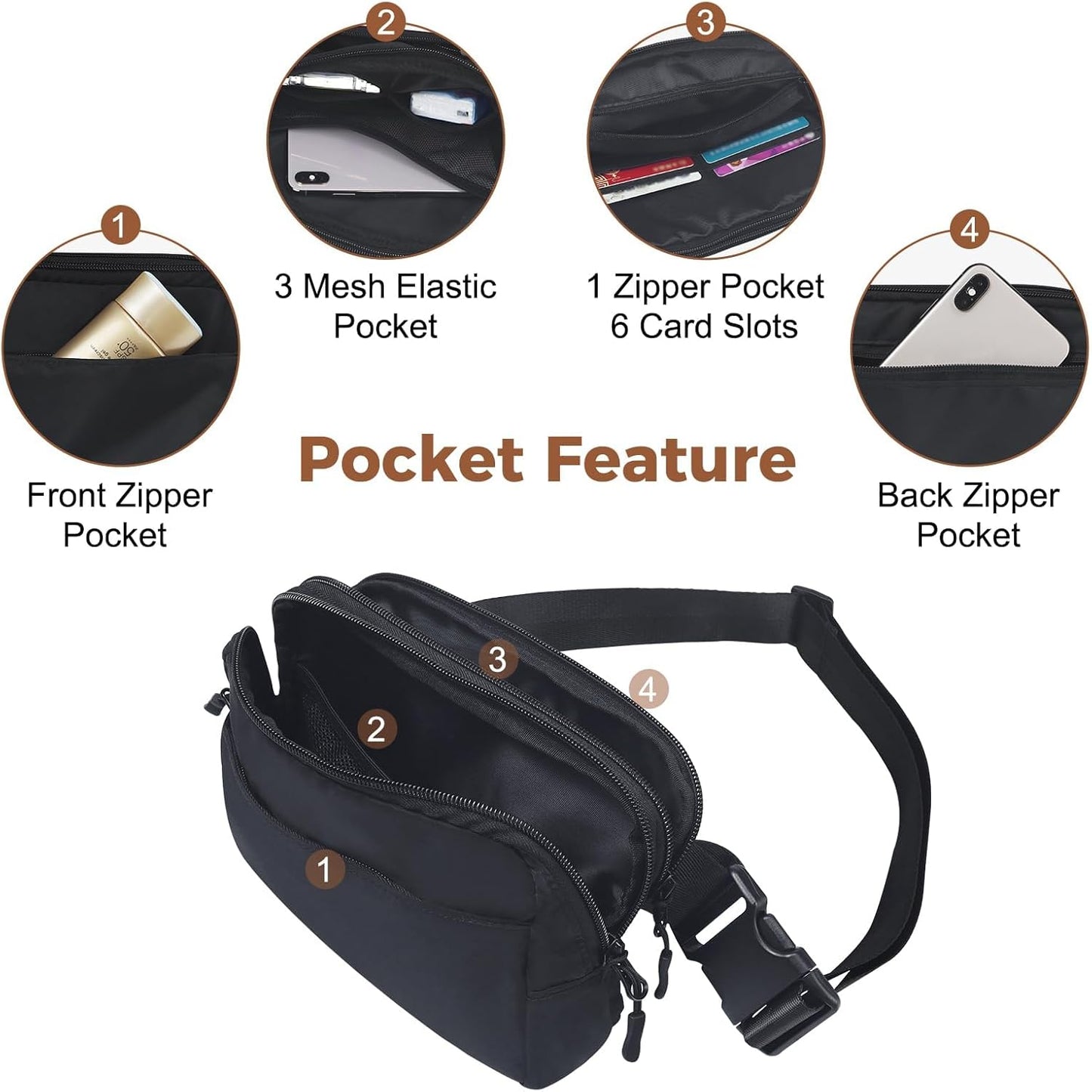 FMEIDA Sac banane pour femme - Bandoulière - 4 poches zippées - Sangle réglable - Sac banane tendance - Résistant à l'eau - Pochette banane pour voyage, randonnée, course à pied, cyclisme, entraînement - Noir