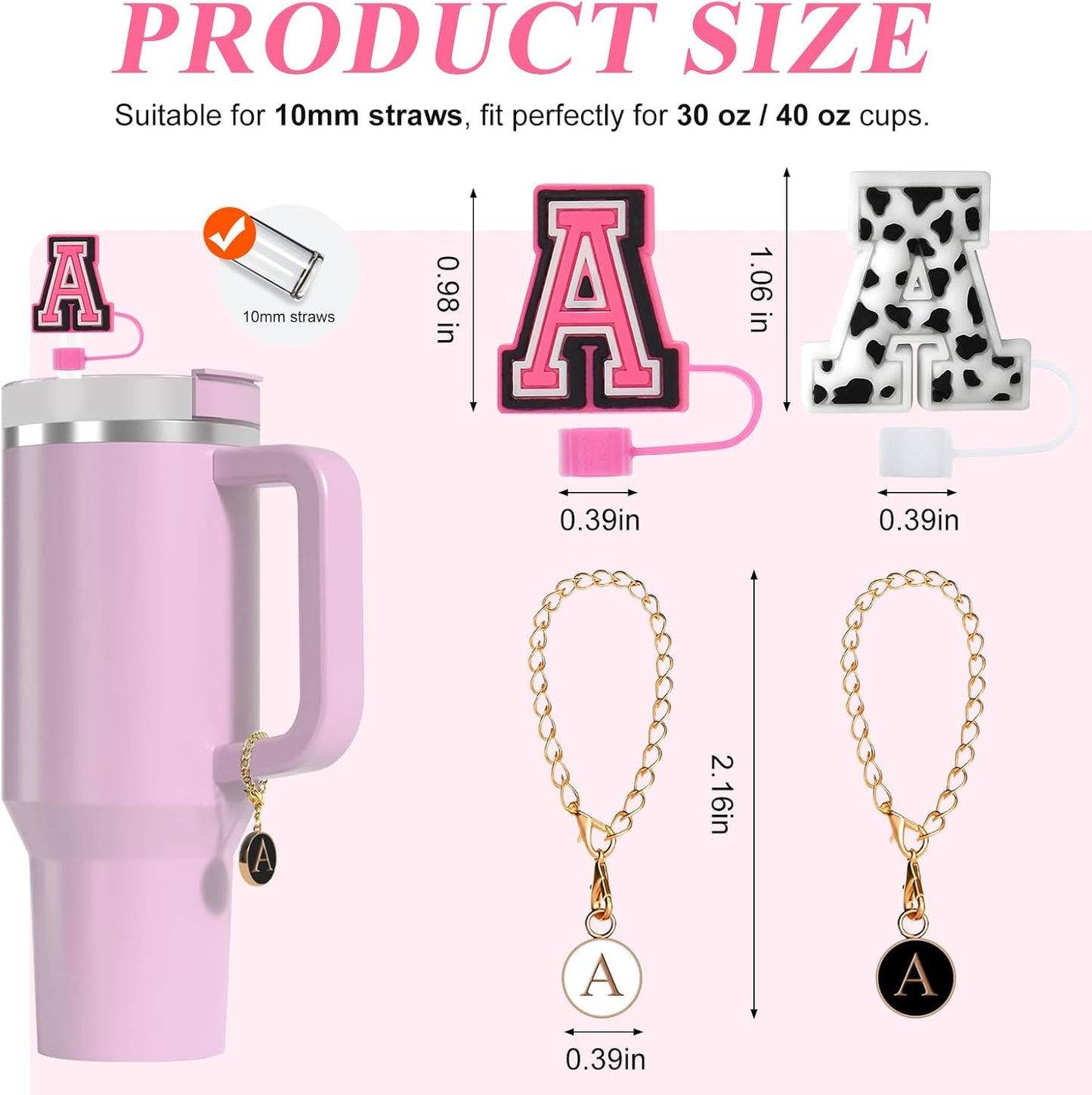 Tapa de silicona para pajita Fmeida para taza Stanley de 30 oz y 40 pajitas con letras iniciales de 10 mm y accesorios con dijes de letras, paquete de 4