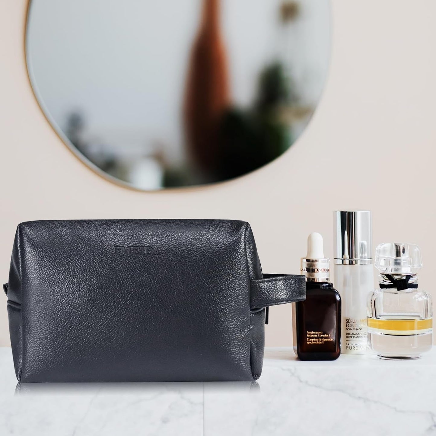 Fmeida Large Makeup Bag - Black Leather Cosmetic Bag, Waterproof Travel Makeup Bag, Portable Makeup Bag Pouch, Roomy Cosmetic Bags for Women Men Adult