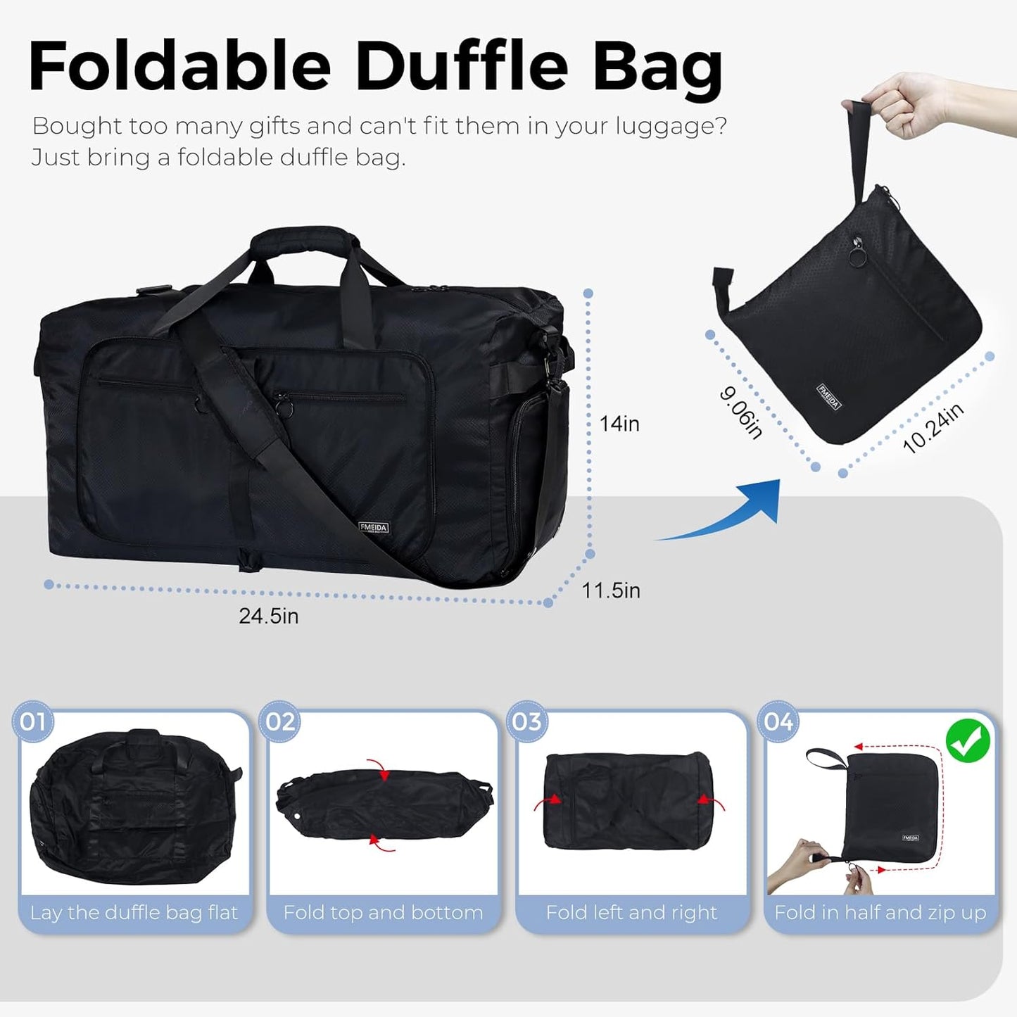 Fmeida 65L Duffle Bag with Shoes Compartment, Foldable Travel Duffel Bags for Men Women, Large Packable Travel Bag Water Repellent & Tear Resistant