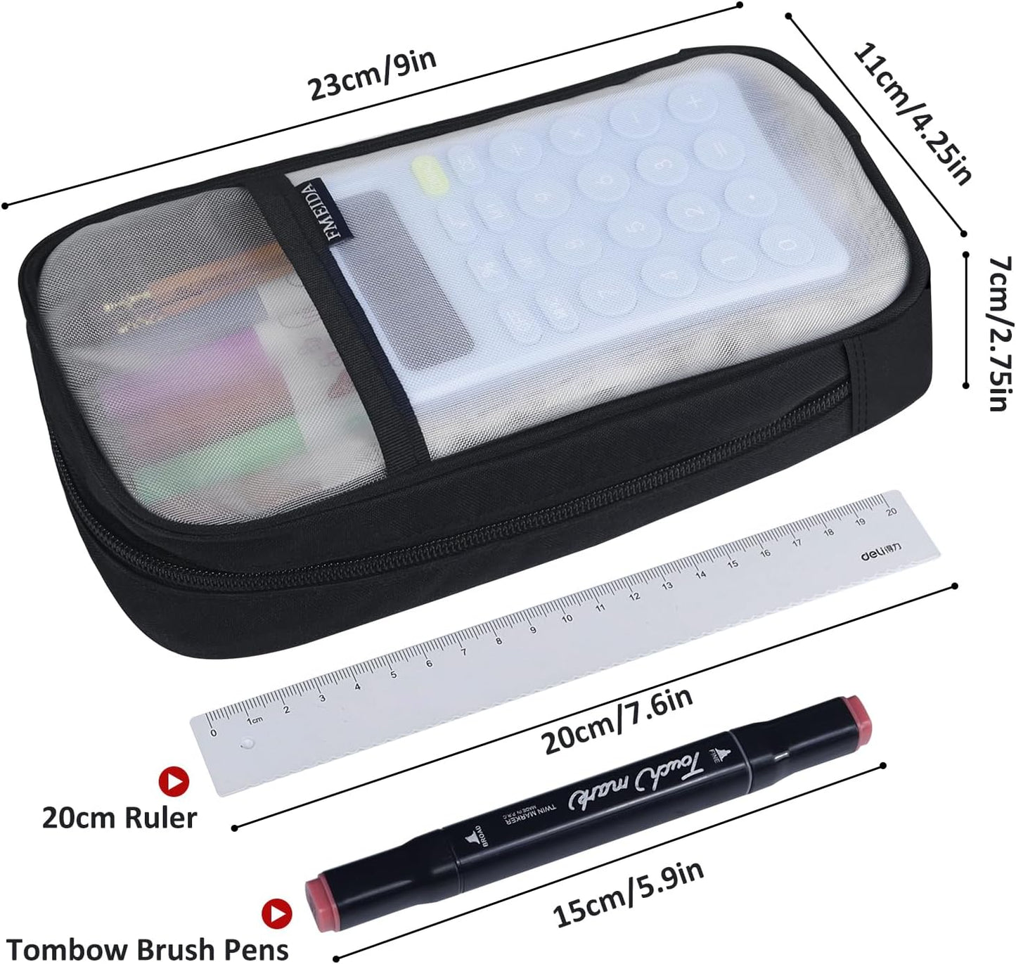 Fmeida Grid Mesh Pencil Case - Upgraded 4 Compartment Pencil Pouch, Clear Adult Pencil Bag Aesthetic Marker Pouch Stationary Bag Office Organizer for College Business Travel - Black&White