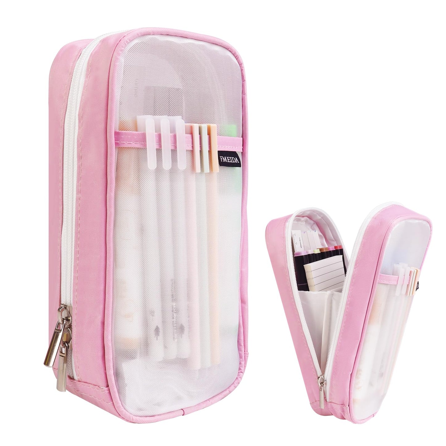 Fmeida Grid Mesh Pencil Case - Upgraded 4 Compartment Pencil Pouch, Clear Adult Pencil Bag Aesthetic Marker Pouch Stationary Bag Office Organizer for College Business Travel - Black&White