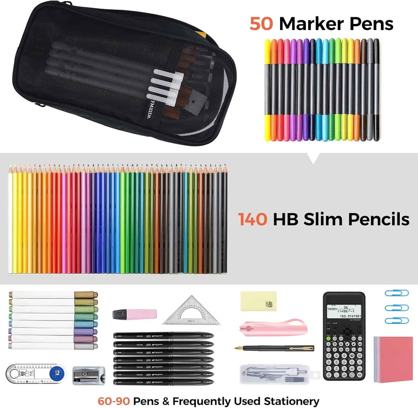 Fmeida Grid Mesh Pencil Case - Upgraded 4 Compartment Pencil Pouch, Clear Adult Pencil Bag Aesthetic Marker Pouch Stationary Bag Office Organizer for College Business Travel - Black