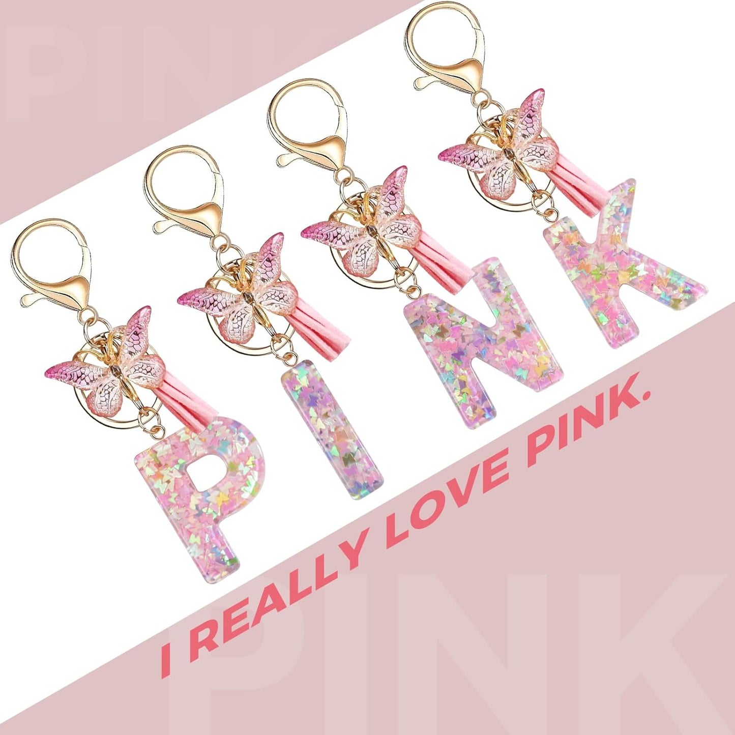 Fmeida Initial Letter Keychains for Women Cute Pink Keychain with Tassel& Butterfly