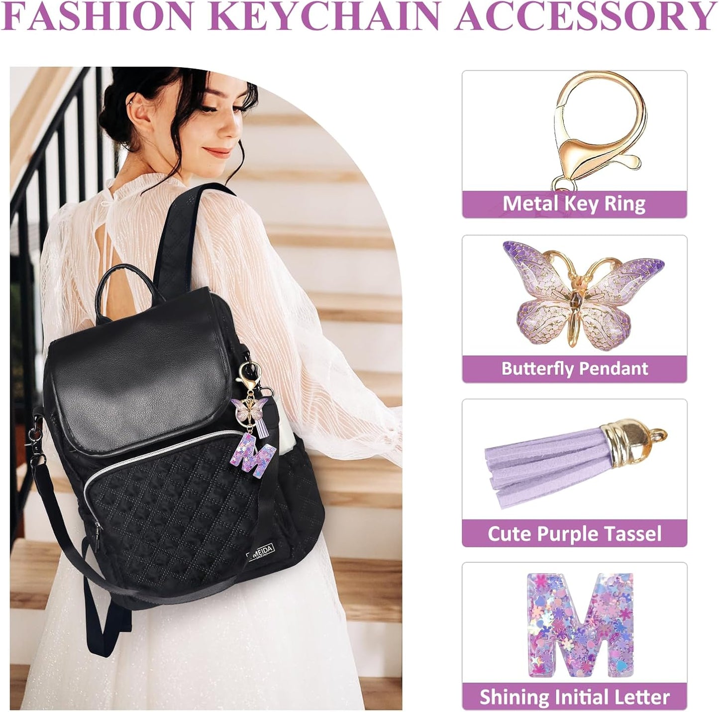 Porte-clés avec lettre initiale Fmeida pour femme, joli porte-clés violet avec pompon et papillon