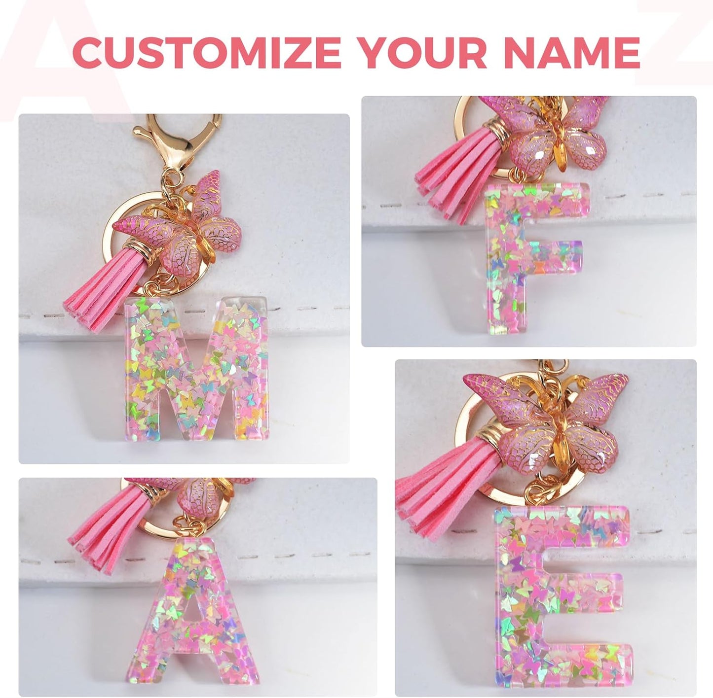 Fmeida Initial Letter Keychains for Women Cute Pink Keychain with Tassel& Butterfly