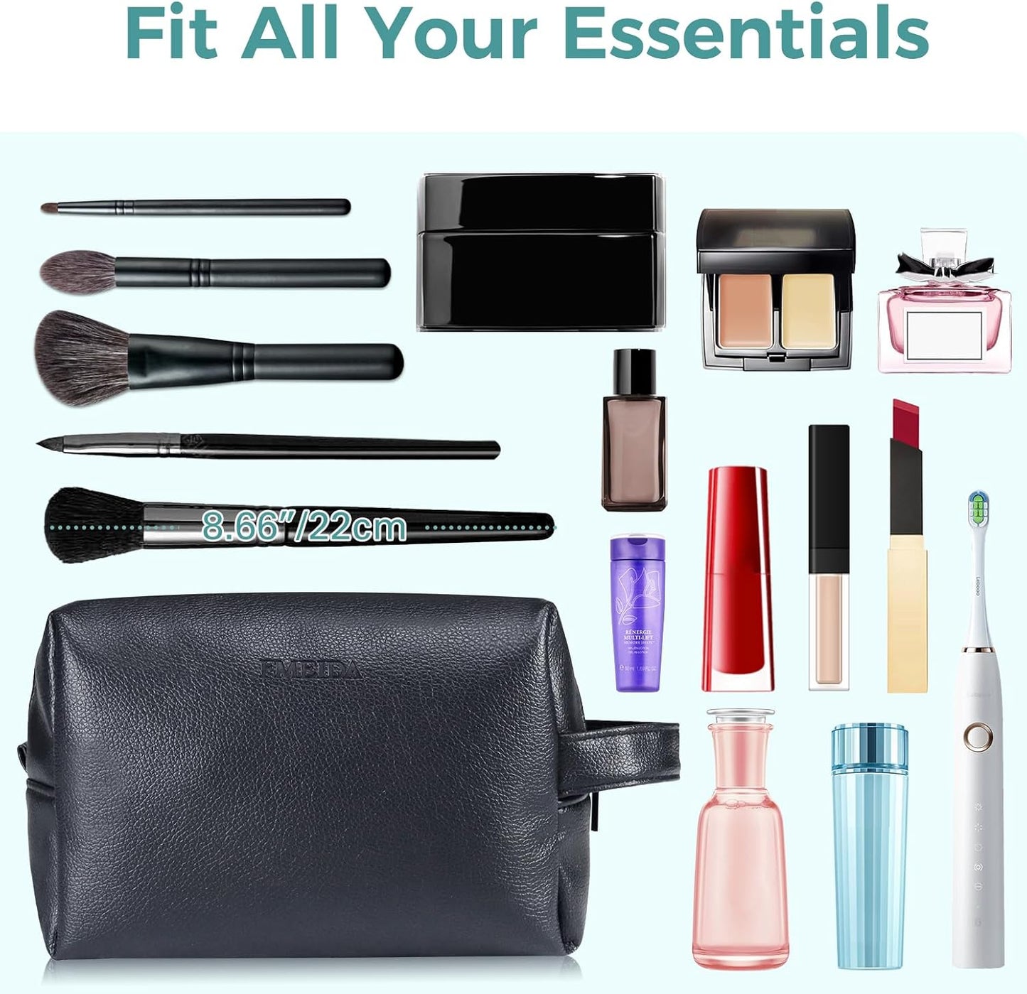 Fmeida Large Makeup Bag - Black Leather Cosmetic Bag, Waterproof Travel Makeup Bag, Portable Makeup Bag Pouch, Roomy Cosmetic Bags for Women Men Adult