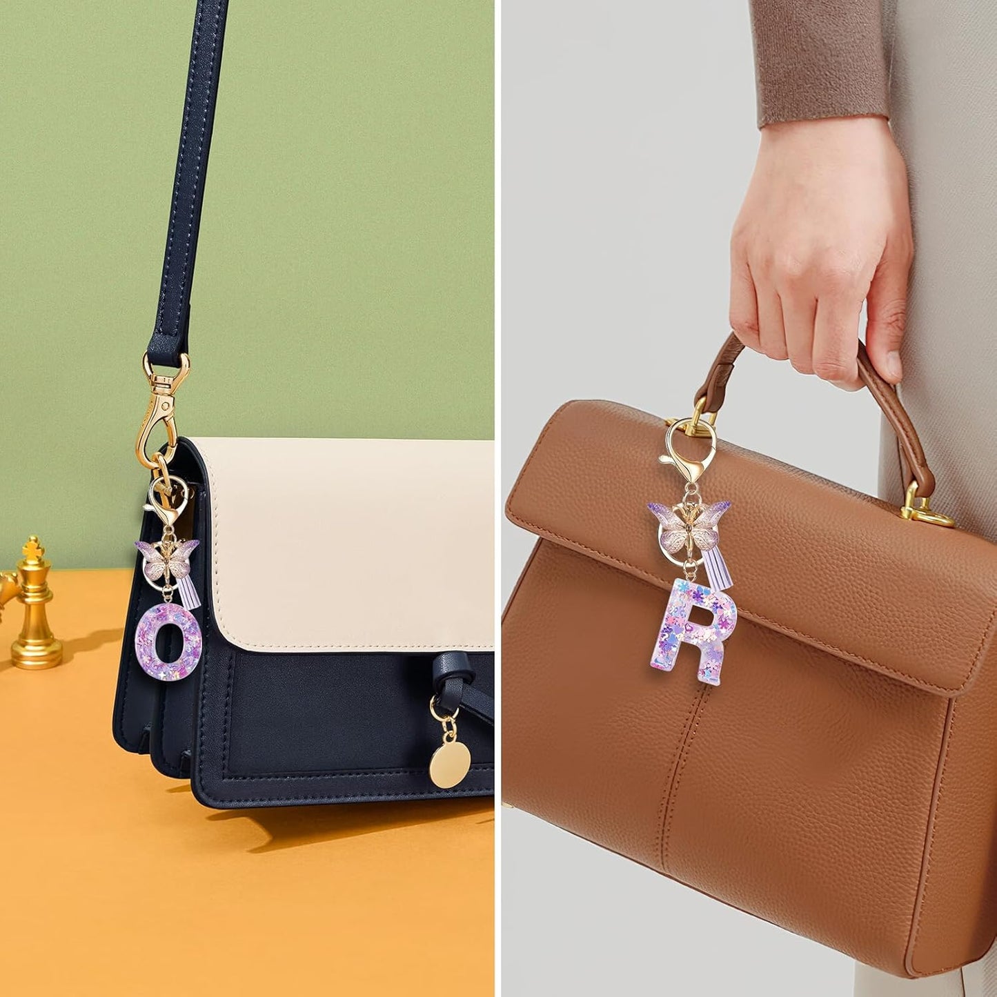 Porte-clés avec lettre initiale Fmeida pour femme, joli porte-clés violet avec pompon et papillon