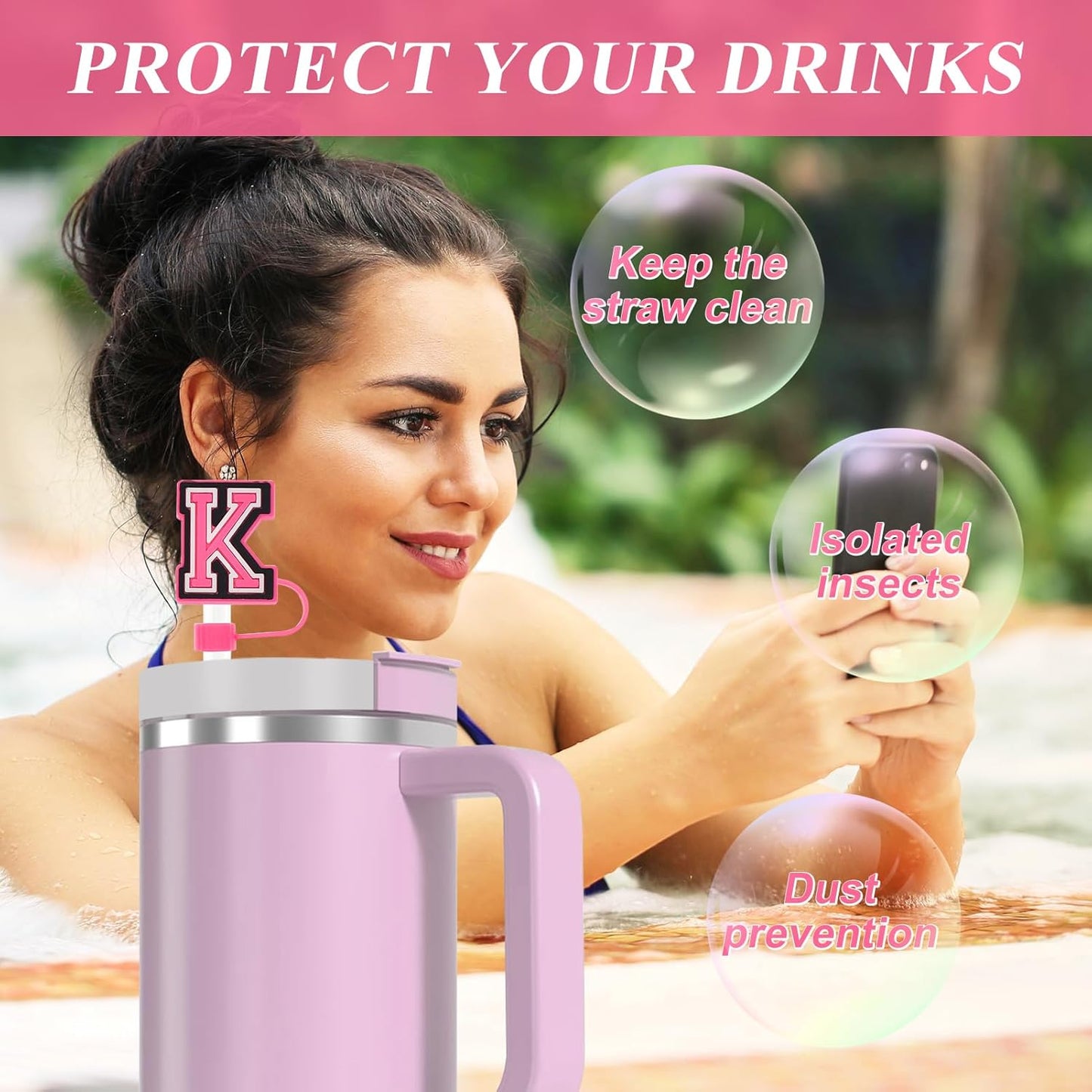 Tapa de silicona para pajita Fmeida para taza Stanley de 30 oz y 40 pajitas con letras iniciales de 10 mm y accesorios con dijes de letras, paquete de 4