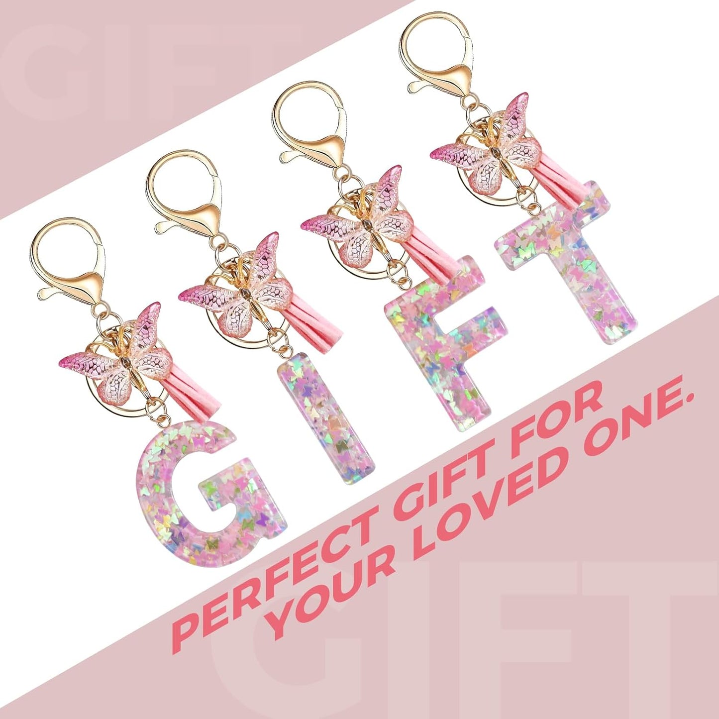 Fmeida Initial Letter Keychains for Women Cute Pink Keychain with Tassel& Butterfly