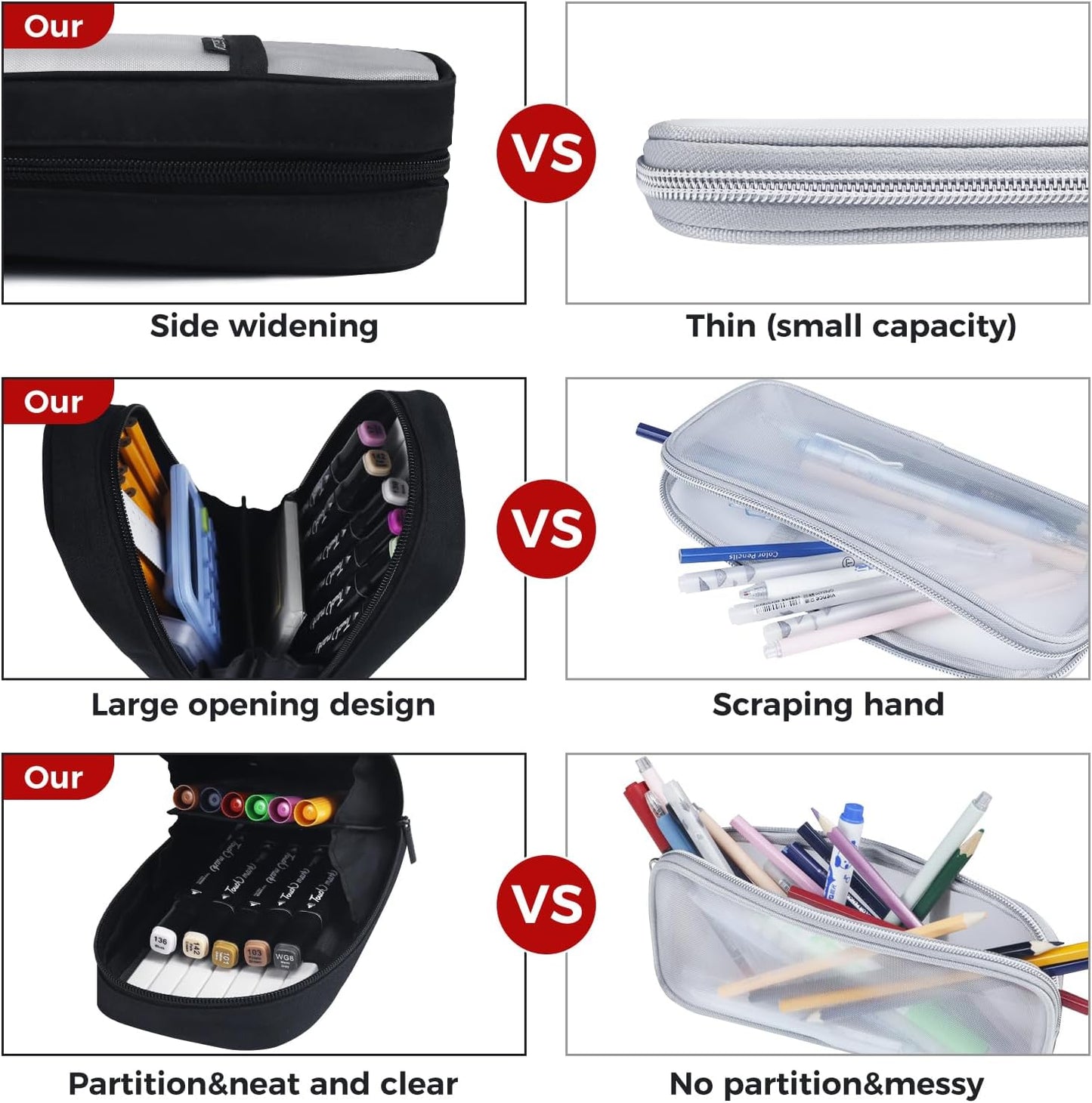 Fmeida Grid Mesh Pencil Case - Upgraded 4 Compartment Pencil Pouch, Clear Adult Pencil Bag Aesthetic Marker Pouch Stationary Bag Office Organizer for College Business Travel - Black&White