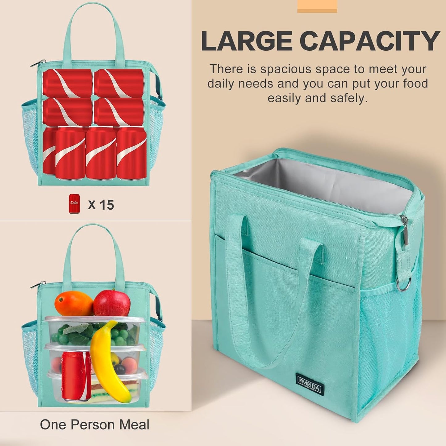 Fmeida Insulated Lunch Bag Women, Leakproof Womens Lunch Bag, Thermal Adult Lunchbag with Front Side Pockets, Reusable Lunch Bag for Office Work Travel Picnic Large Mint Blue