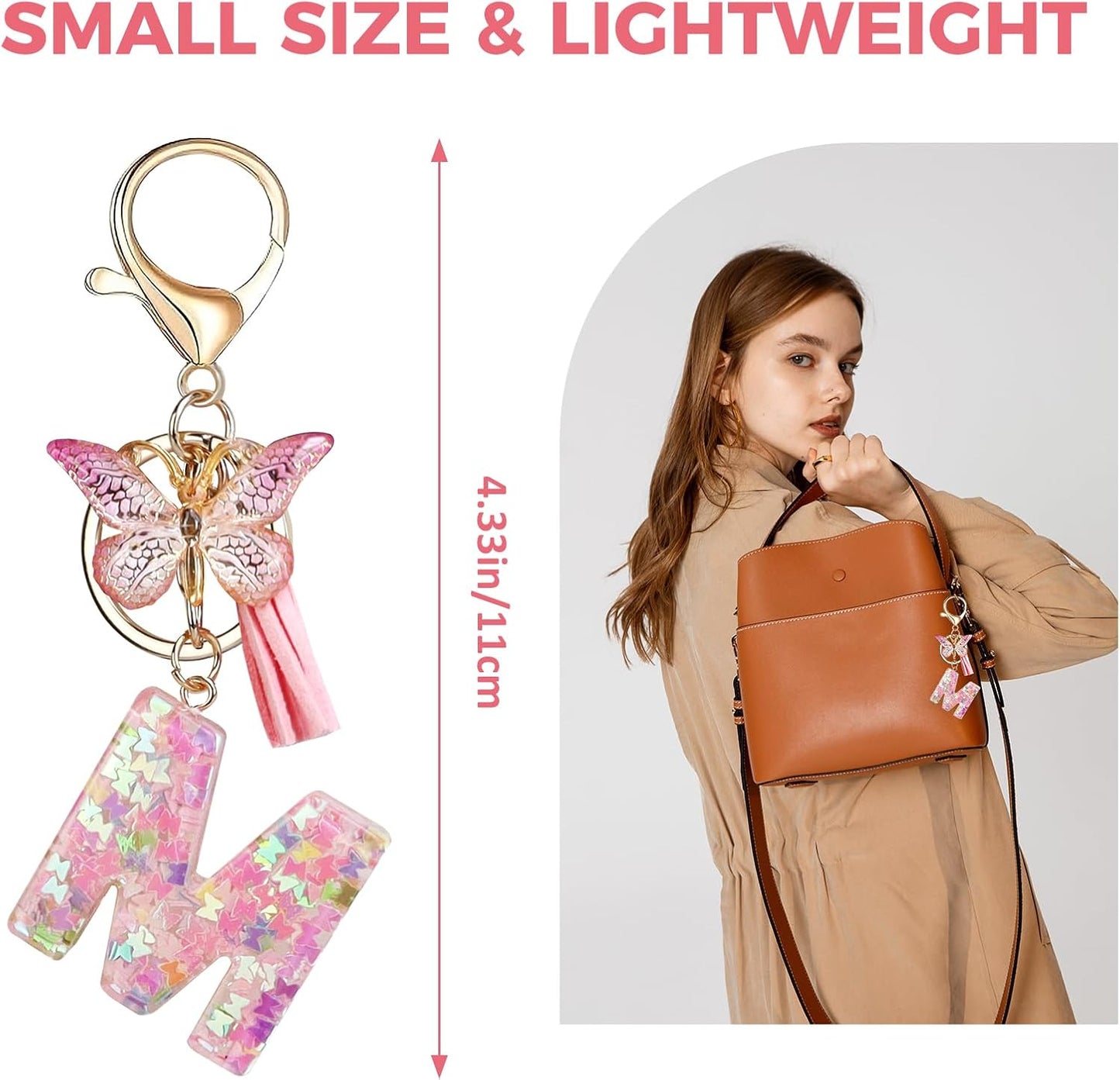 Fmeida Initial Letter Keychains for Women Cute Pink Keychain with Tassel& Butterfly