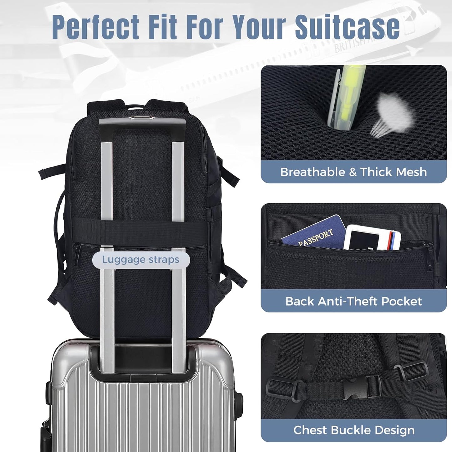 Fmeida Flight Approved Carry On Backpack for Ryanair - 20L Underseat Airplane Approved Weekender Bag, Anti-Theft Travel Backpack, Personal Item Bag Black Fits 14" Laptop