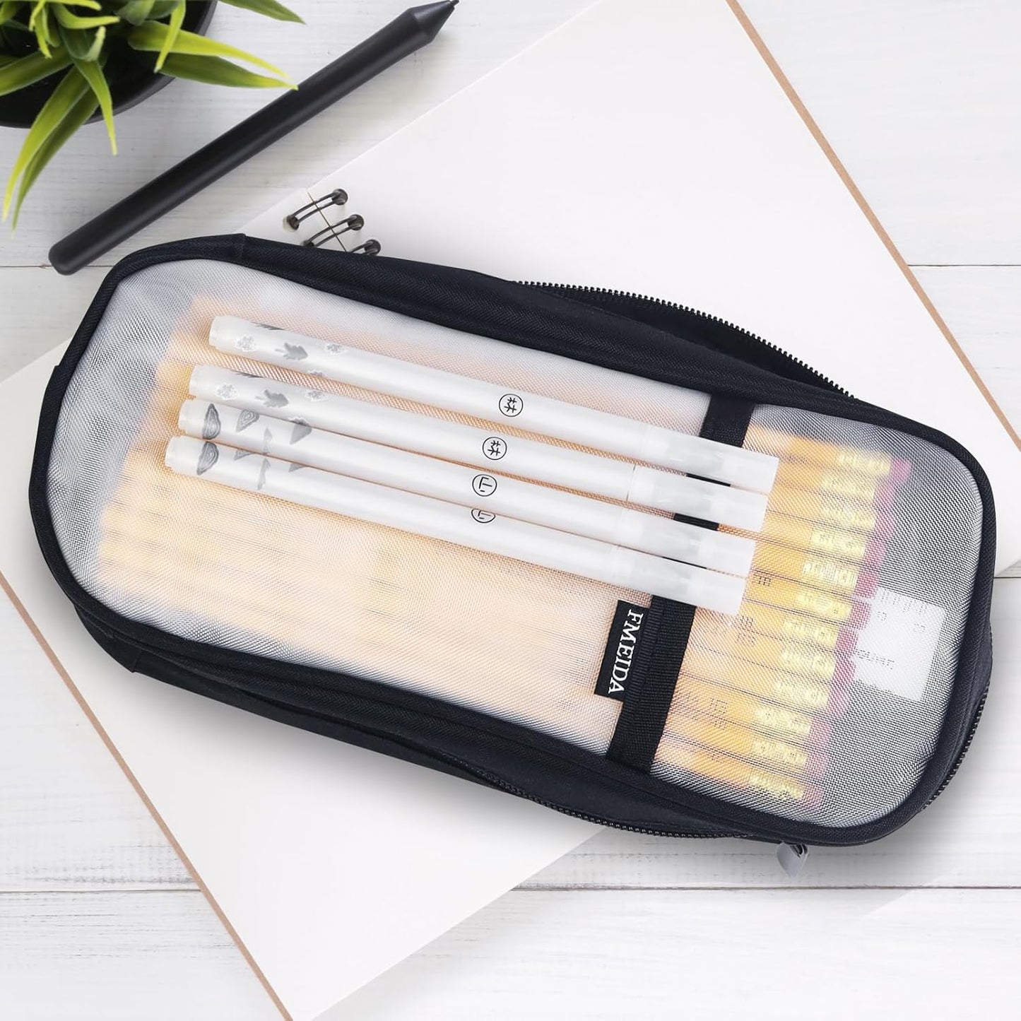 Fmeida Grid Mesh Pencil Case - Upgraded 4 Compartment Pencil Pouch, Clear Adult Pencil Bag Aesthetic Marker Pouch Stationary Bag Office Organizer for College Business Travel - Black&White