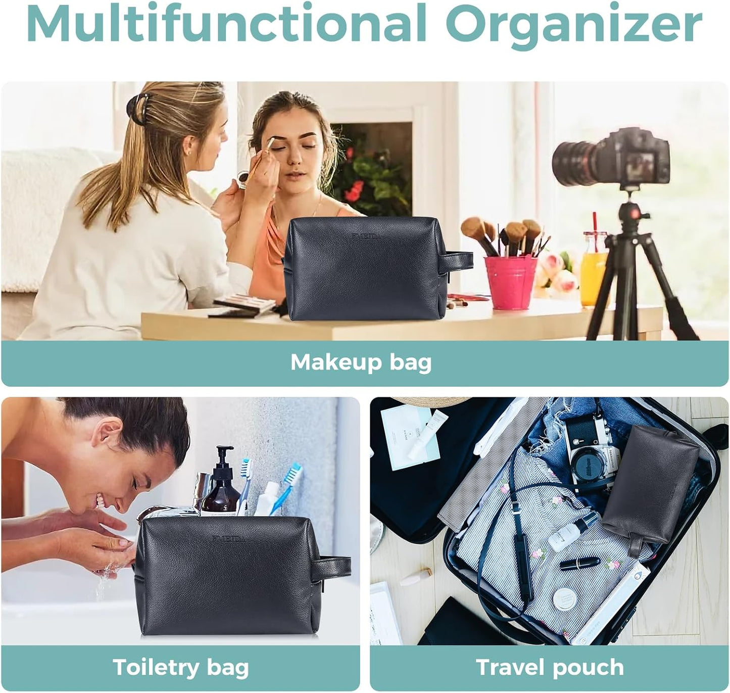 Fmeida Large Makeup Bag - Black Leather Cosmetic Bag, Waterproof Travel Makeup Bag, Portable Makeup Bag Pouch, Roomy Cosmetic Bags for Women Men Adult