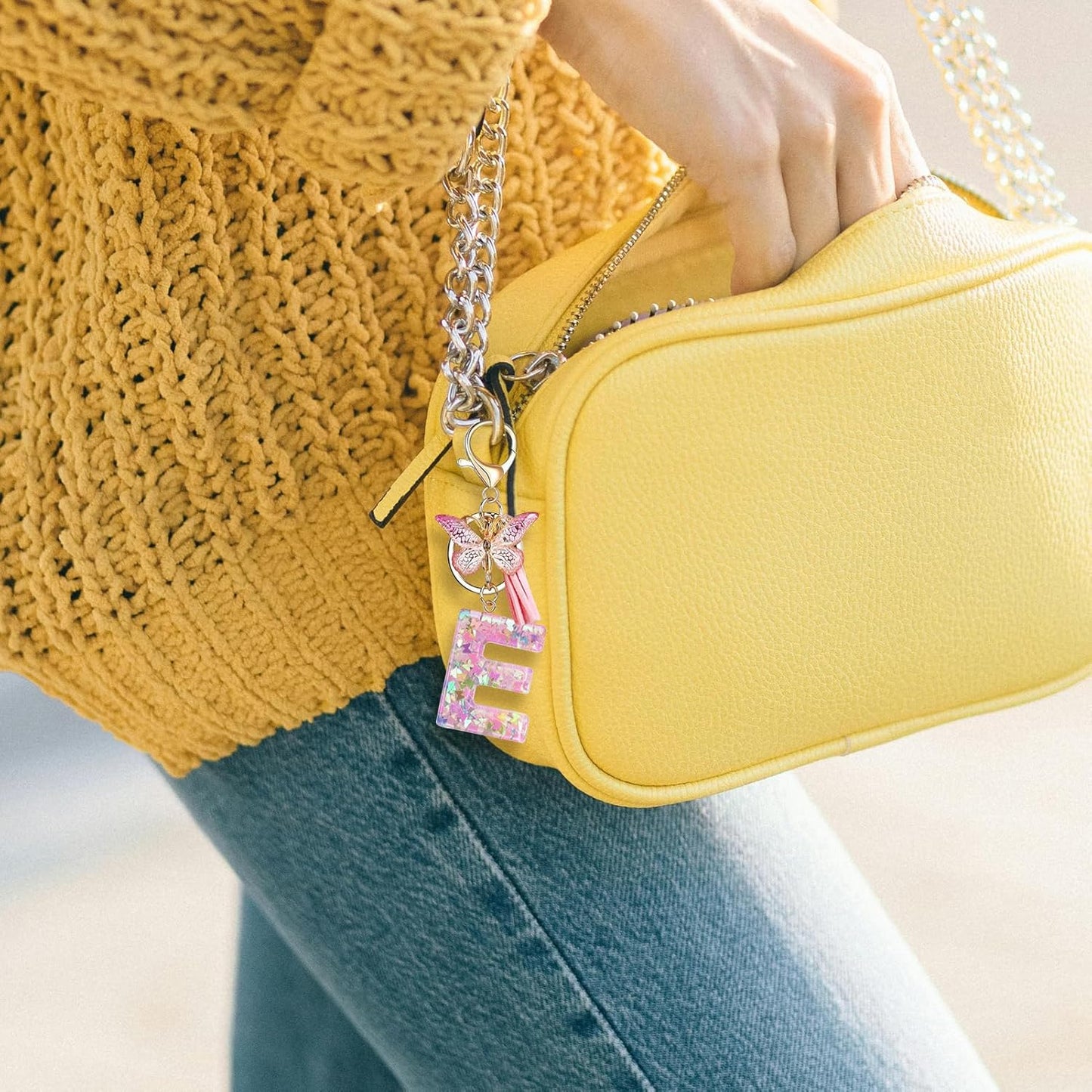 Fmeida Initial Letter Keychains for Women Cute Pink Keychain with Tassel& Butterfly