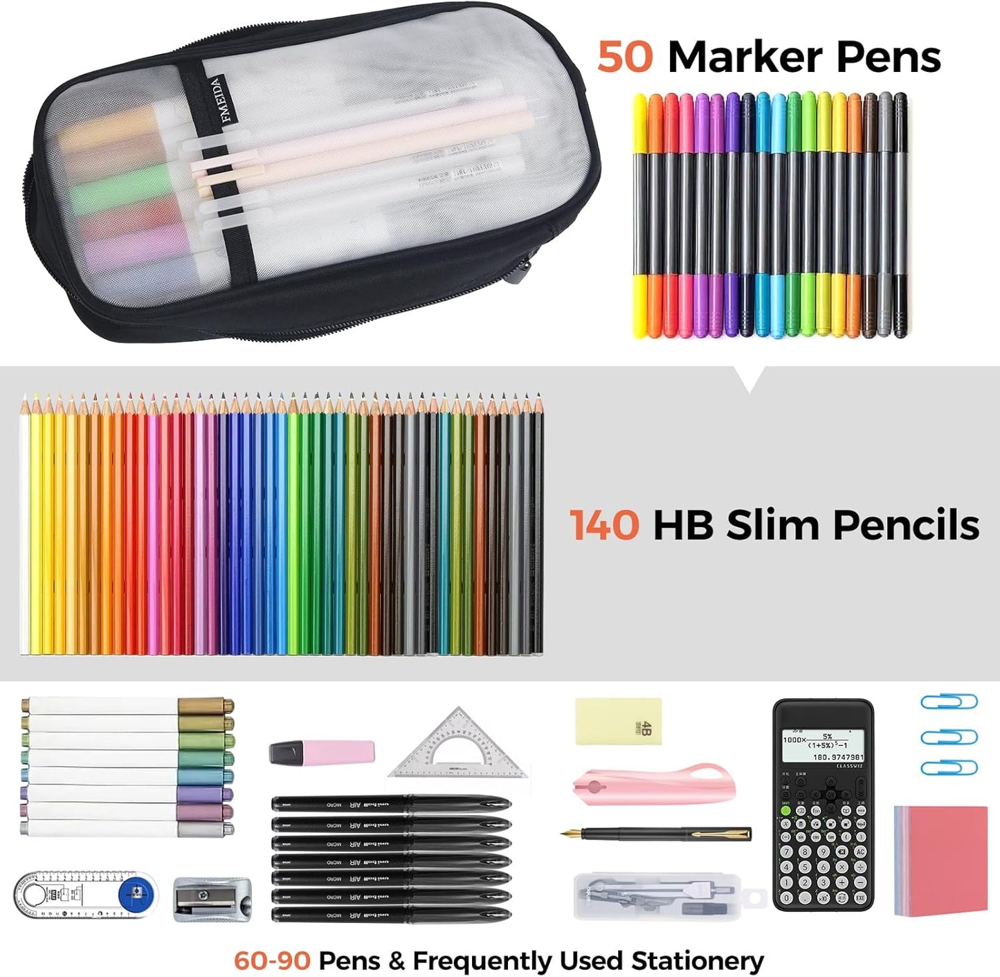 Fmeida Grid Mesh Pencil Case - Upgraded 4 Compartment Pencil Pouch, Clear Adult Pencil Bag Aesthetic Marker Pouch Stationary Bag Office Organizer for College Business Travel - Black&White