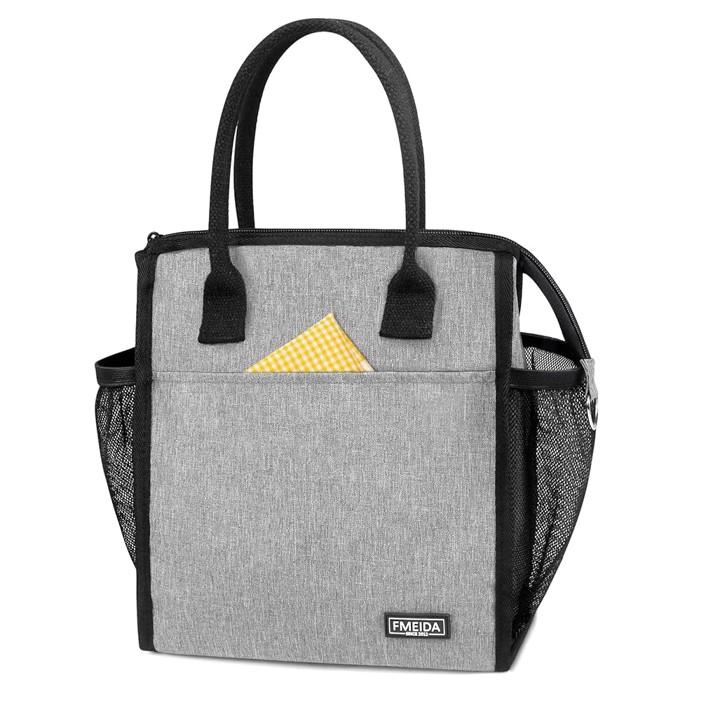 Fmeida Lunch Bag, Insulated Lunch Bag Women, Small Lunch Bag, Thermal Black Lunch Bag with Side&Interior Pockets, Reusable Adult Lunch Tote Bags for Women Men Office Work College Beach Travel