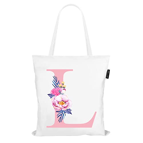 Personalized Pink Floral Initial Tote Bag for Women Canvas Tote Bags Reusable Grocery Bags Shopping Totes Letter G