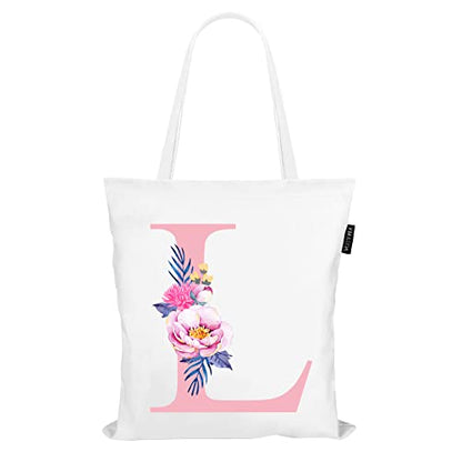 Personalized Pink Floral Initial Tote Bag for Women Canvas Tote Bags Reusable Grocery Bags Shopping Totes Letter G