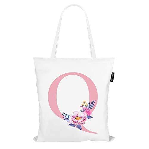 Personalized Pink Floral Initial Tote Bag for Women Canvas Tote Bags Reusable Grocery Bags Shopping Totes Letter G